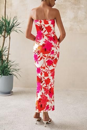 PRETTYGARDEN Women's 2025 Summer Floral Bodycon Maxi Dresses Ribbed Strapless Tube Casual Boho Party Long Dress2