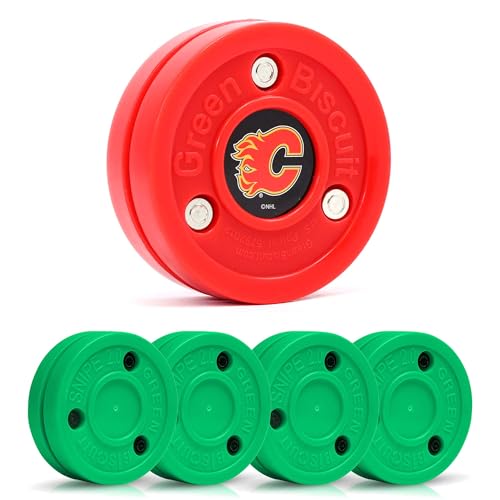 Image of Green Biscuit 4-Pack Snipe New 2.0 Off Ice Hockey Pucks with 1 NHL Puck, Street Hockey Puck for Stickhandling and Shooting Practices - Official (Calgary Flames)