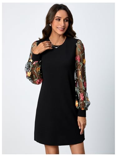 MakeMeChic Women's Fall Long Sleeve Floral Sheer Dress Wedding Guest Mesh Crew Neck Lace Black Mini Dresses3
