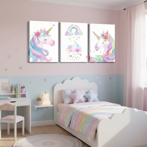 Erosebridal Cute Unicorn Decor For Girls Room Kawaii Dreamy Print Paintings For Toddler Nursery Lovely Gifts Colorful Rainbow Flowers Canvas Wall Art Of 3 Panels Watercolor Clouds Wall Pictures