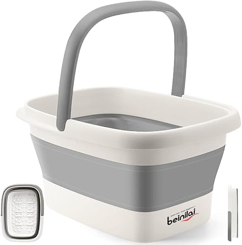 Collapsible Foot Bath Basin for Soaking Feet,Foot Soak Tub,Plastic Foot Bucket with Handles and Massage Acupoint,Foldable Laundry Basket-Gery