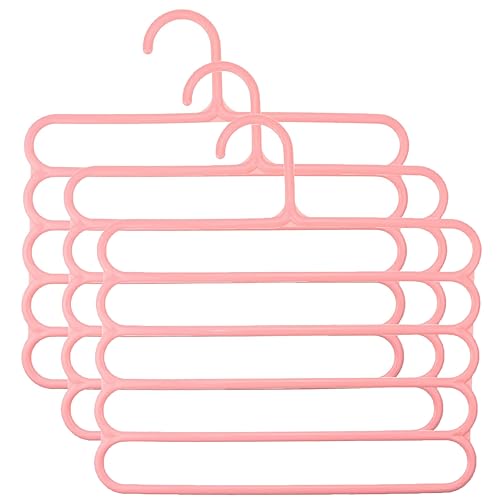 Ousyaah Pants Hangers 5-Layer Space Saving, Plastic Clothes Clothes Pant Hangers Closet Organizer for Pants Jeans Trousers Scarves Slack (Pink, 3)