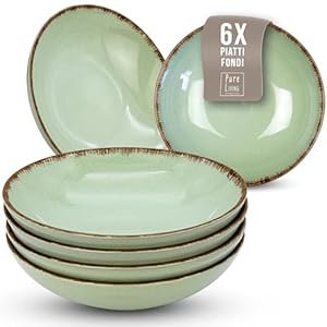 Set di 6 Piatti Fondi Rustici – Steingut di Qualità Premium, Lavabili in Lavastoviglie – Elegante Set di Piatti Profondi per 6 Persone, Ideali per Zuppe, Insalate e Pasta – Pure Living verde menta