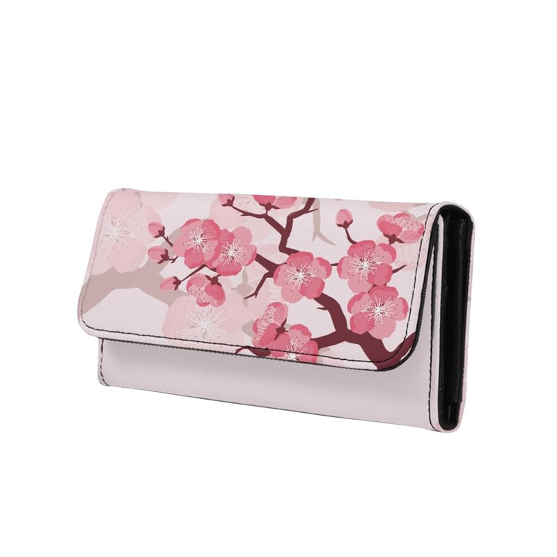 Jolamirel Cherry Blossom Pink Women Wallet Cartoon Peach Blossom PU Leather Trifold Large Money Manager Pink Flower Women's Long Trifold Wallet Leather Card Holder Purse