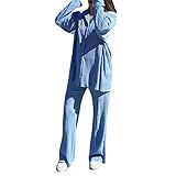 Women 2 Piece Dressy Outfits Casual Long Sleeve Loose Fit Button Down Shirts Blouses Tops Wide Leg Long Pants Sets (Solid Light Blue,Medium)
