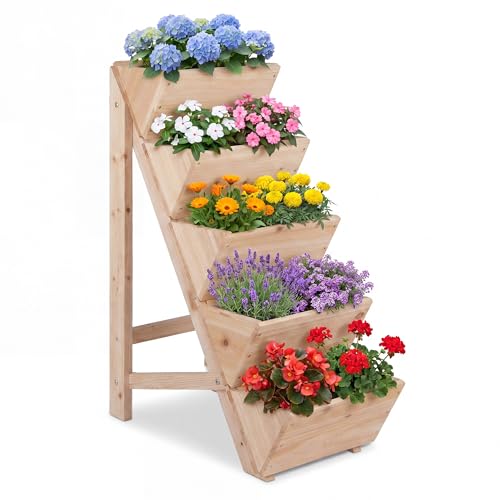 GOPLUS Jardinera Vertical de 5 Niveles, Huerto Vertical Elevado de Madera con Marco Triangular para Hortalizas y Flores, Macetero Elevado para Interior y Exterior, 53,5 x 30,5 x 75 cm (Natural)