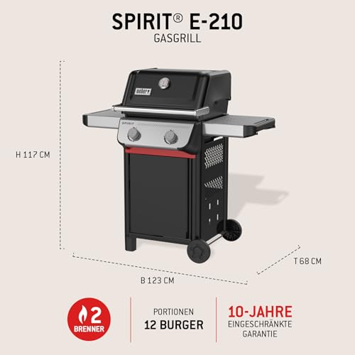 Weber Spirit E-210 Gasgrill, 2 Brenner, 51 x 46 cm Grillfläche, Warmhalterost, Deckelthermometer, 2 Räder - Schwarz/Silber (1500833)