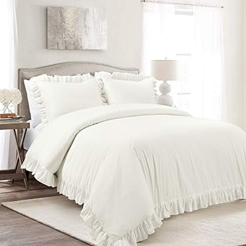 Lush Decor Reyna 3-Piece Ruffled Cotton Duvet Cover Bedding Set, Full/Queen, White