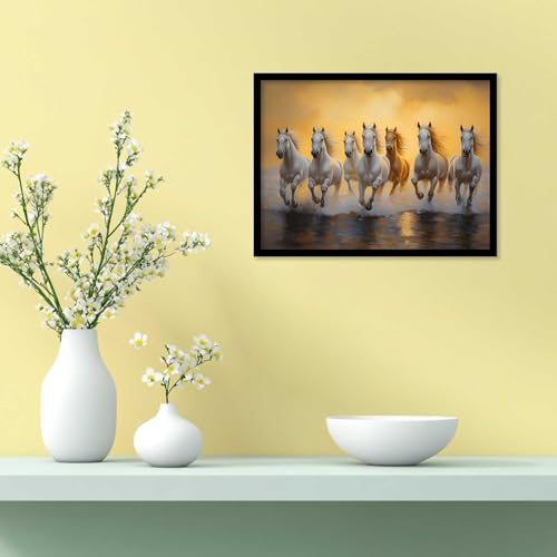 Image of HOTHOUSE Seven Running Vastu Lucky Horse | 7 Horses Vastu Frame Wall Art Painting for Living Room Bedroom Office Home Decor Rising Sun Painting Wall Decor Size (19X25 inch)