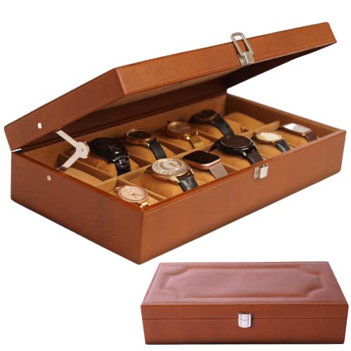 Genuine Leather Watch Cases for Men 12 Slot Wrist Watch Box | Full Grained Leather Organizer Mens Large Watch Case | Tan Leather Watch Box for Men | Real Leather Box With Lid for Closet Organization