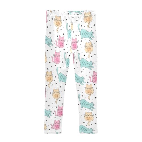 Cartoon Cats on White Girls Leggings,Workout Leggings for Girls Toddler Athletic Leggings Size for 3-10T2