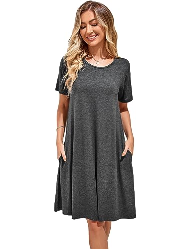 Image of Women's Summer Dresses 2026 Casual T Shirt Dress Short Sleeve Loose Flowy Sundress Swing Tunic Dress with Pockets Dark Grey