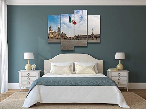 Canvas Wall Art Painting Pictures Panoramic View Of Zocalo And Cathedral Mexico City, Mexico Modern Artwork Framed Posters For Living Room Ready To Hang Home Decor 4Panel #TOP1