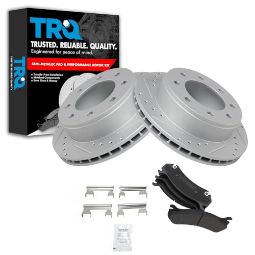 Image of TRQ Performance Rear Brake Pad & Rotor Set Semi Metallic Drilled Coated Compatible with 99-07 Chevrolet Silverado 1500 2500 HD Suburban 2500 00-07 GMC Sierra 1500 2500 HD Yukon 2500 03-09 Hummer H2