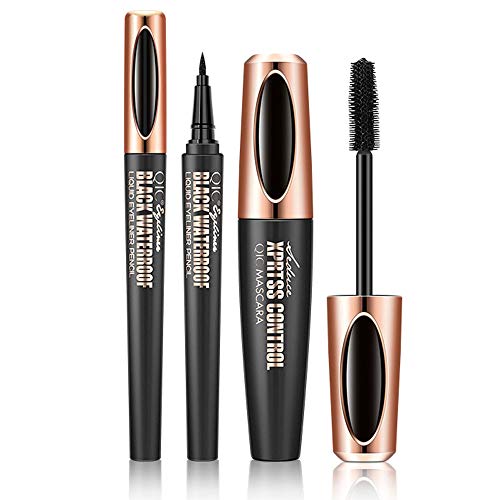 4D Silk Fiber Lash Mascara with Eyeliner Waterproof, Luxuriously Longer, Thicker, Voluminous Eyelashes, Long-Lasting, Dramatic Extension, Smudge-proof, Hypoallergenic Formula (Black)
