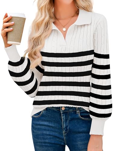 Image of JUSTFASHIONNOW Womens Sweaters Polo V Neck Cable Knit Sweater Dressy Casual Pullover Jumper Tops Fall Winter Trendy