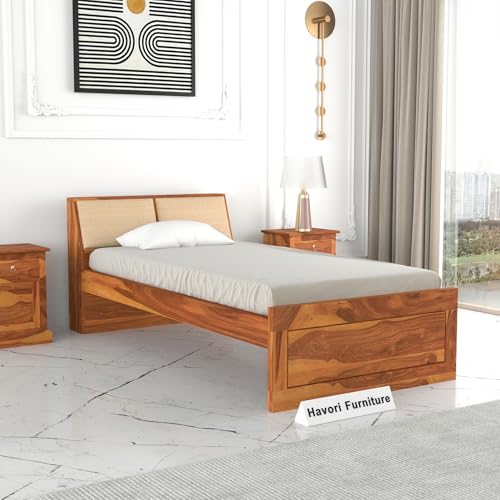 Image of Solid Sheesham Wood Single Size Bed Without Storage for Bedroom Living Room Single Cot for Home Wooden Palang for Hotel (Honey, Size 6 * 4)