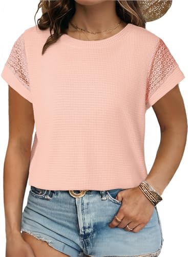 Image of Eytino Plus Size Tops for Women Waffle Knit T-Shirts Round Neck Short Sleeve Casual Loose Basic Tee Blouses(1X-5X)