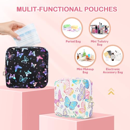 Image of Likesing Period Bag Pouch, Canvas Sanitary Napkin Storage Bag for Girls Womens, Portable Sanitary Napkin Period Pad Pouch Bag for Purse, Small Make Up Bags(White Butterfly)