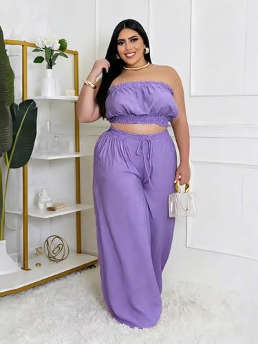 Image of Two Piece Sets for Women Summer Outfits Crop Tops and Wide Leg Pants Sets Sexy Jumpsuits Vacation Outfits with Pockets