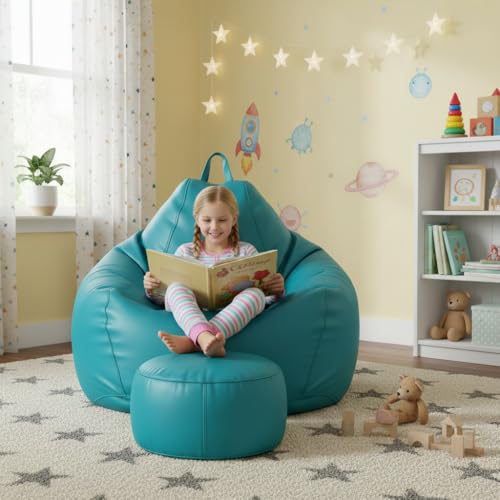 Image of KAM'S LIEU 6XL Jumbo Premium Bean Bag Chair with Footrest & Cushion | Filled with High Density EPS Beans | Comfortable Sofa for Living Room & Bedroom | 6 Months Warranty, Color- (Aqua, 6XL, Premium)