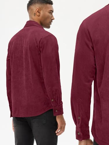 Image of Comdecevis Men's Corduroy Button Down Jacket Long Sleeve Lightweight Cotton Work Shirts Jackets with Flap Pockets Wine Red 3X-Large