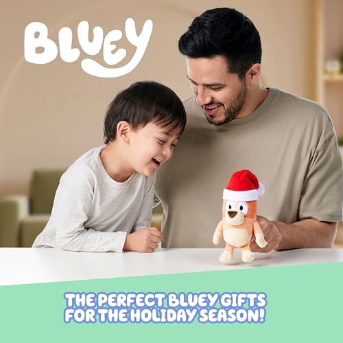 Image of Bluey Toddler Plush Toys Pack of 2, 7-8 inch, Soft, Festive Holiday Season Plush Figure Toys with Santa Hats, Cuddly Plush Animals for Kids Ages 3+ | Soft deluxe fabric with embroidered detail, portable size; Bluey Christmas gift for kids ages 3+