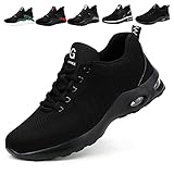 coole arbeitsschuhe herren stahlkappe s3  Hitopteu Sicherheitsschuhe Herren Damen Arbeitsschuhe Leicht Sportlich Schutzschuhe mit Stahlkappen Atmungsaktiv Luftkissen Sicherheitsschuh Pures Schwarz EU 39