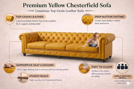 Image of Modern Classic Design Leatherette Luxury Chester Sofa Set with Button Tufted, 3+2+1=6 Seater Sofa for Living Room Home, Office and Lobby (Yellow, 3+2+1=6 Seater Sofa)