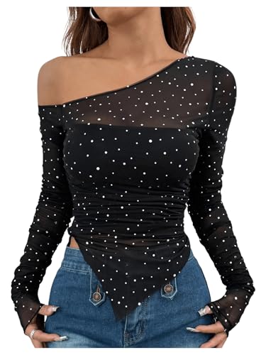 MakeMeChic Women's Sequin Sheer Top One Shoulder Ruched Long Sleeve Tee Shirt