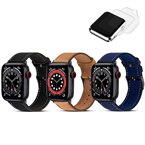 Greenpointselect (3 Pack) Compatible with Apple Watch Band 45mm 44mm 42mm, G.P Genuine Leather Replacement Strap Series 7/6/5/4/3/8/9/SE, Blue Brown Black Adapter, 2x Screen Protector As Bonus