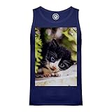 Débardeur Homme 100% Coton Bleu Chaton Noir et Blanc Yeux Bleus en Observation sur Un Muret Mignon Animaux