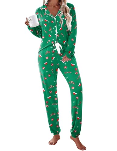 Ekouaer Christmas Pajamas for Women Matching Sets Long Sleeve Sleepwear Comfy Loungewear,Green Christmas Print,L