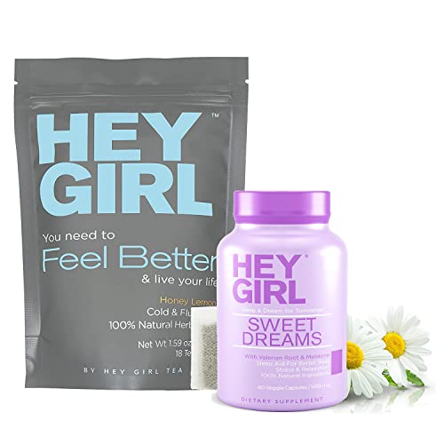 Hey Girl Feel Better Bundle - Immune Support Herbal Tea (18 Tea Bags) - Plus Sweet Dreams Sleep Aid (60 Caps) - Capsules With Natural Melatonin - Thoughtful Gifts For Women #TOP5