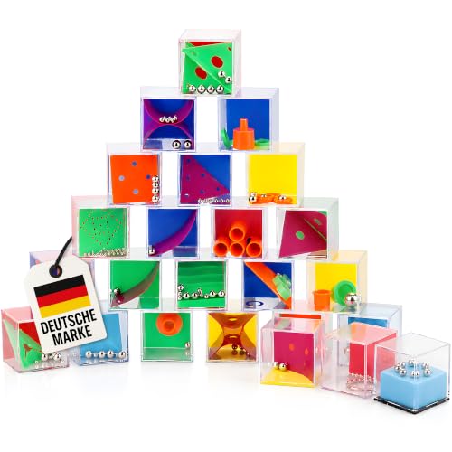 WELLGRO 24er Set Geduldsspiele - je ca. 4 x 4 x 4 cm (LxBxH), Geschicklichkeitsspiel mit Kugeln, Mitgebsel, Denkspiel