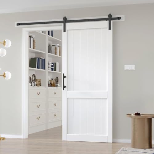 EaseLife Puerta de granero blanca de 36 x 84 pulgadas con kit de rieles de puerta corredera de 6.6 pies incluido, losa de madera MDF maciza cubierta con superficie de PVC resistente al agua y a los
