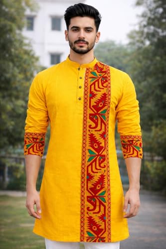 Image of Men's Cotton Jamdani Kurta for Festive, Casual Wear | Traditional Bengali Style Long Kurta | S to XL Size | White, Yellow, Blue Color Options