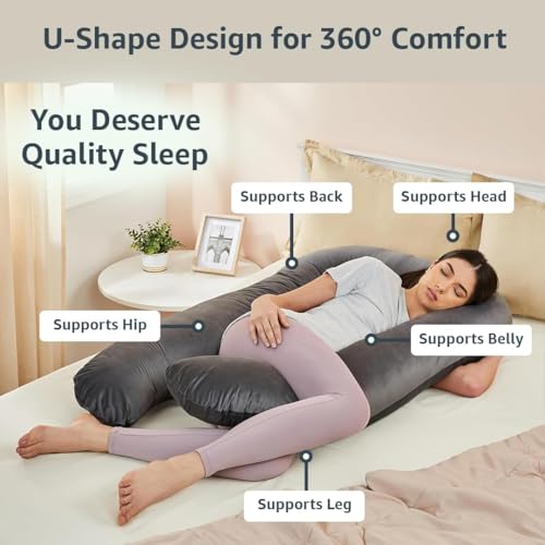 Image of Amazon Basics Full Body Pregnancy Pillow for Maternity,Baby Nursing,Full Body Support-|Perfect Baby Shower Gift|U-Shaped-Washable Cover with Zip - Grey, Velvet