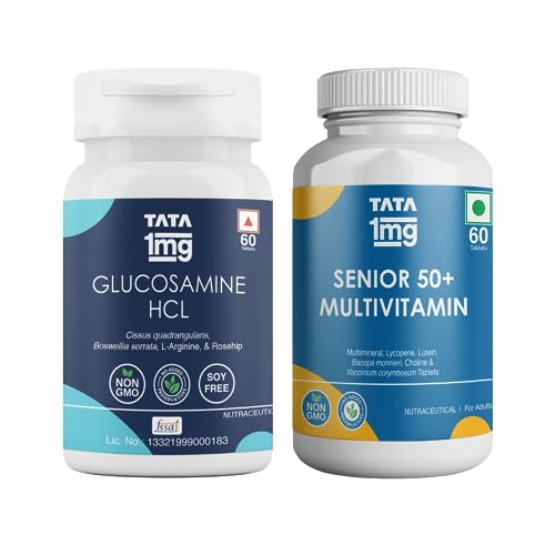 Tata 1mg Glucosamine HCL 1500 mg Tablets for Joint Health with Boswellia Serrata, Collagen Peptide, L-Arginine, and Curcuma Longa for Men & Women,60 Tablets+Tata 1mg Senior 50+ Multivitamin & Multimineral Veg Tablet with Calcium, Vitamin D2 & 22 other Nutrients for Overall Health, Heart Health & Strong Joints For Unisex ,60 Tablets(Combo Pack) Tata 1mg Glucosamine HCL 1500 mg Tablets for Joint Health with Boswellia Serrata, Collagen Peptide, L-Arginine, and Curcuma Longa for Men & Women,60 Tablets+Tata 1mg Senior 50+ Multivitamin & Multimineral Veg Tablet with Calcium, Vitamin D2 & 22 other Nutrients for Overall Health, Heart Health & Strong Joints For Unisex ,60 Tablets(Combo Pack)