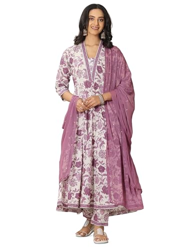 Image of Mauve floral printed anarkali kurta and printed palazzo with embellished dupatta | ethnic wear | bridal suit | occasion wear