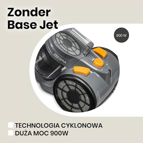 ZEEGMA Zonder Base Jet cyklonowy odkurzacz bezworkowy, 900W, technologia PowerSuction, zbiornik 2 L, klasa energetyczna A, 2 filtry HEPA H13, moc ssania 20000 PA, 4 dodatkowe nakładki