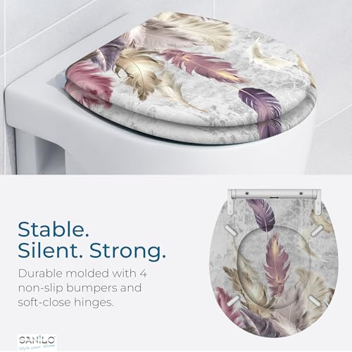 Image of Sanilo Wooden Toilet Seat with Quick Release & Soft Close [ROUND] - Decorative & Slow Close Molded Wood Seat - With One Click for Easy Installation & Cleaning - With Adjustable Fit (Feathers)