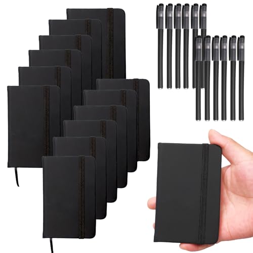 12 Pcs Hardcover Leather Pocket Notebook with 12 Pcs Pens 4 x 2.5 Inch Small Notebook 50 Sheets Hard