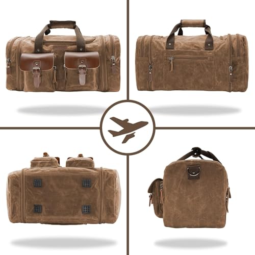 Image of Wildroad Waxed Canvas Duffle Bag - 60L Waterproof Genuine Leather Weekender Overnight Travel Hand Bag