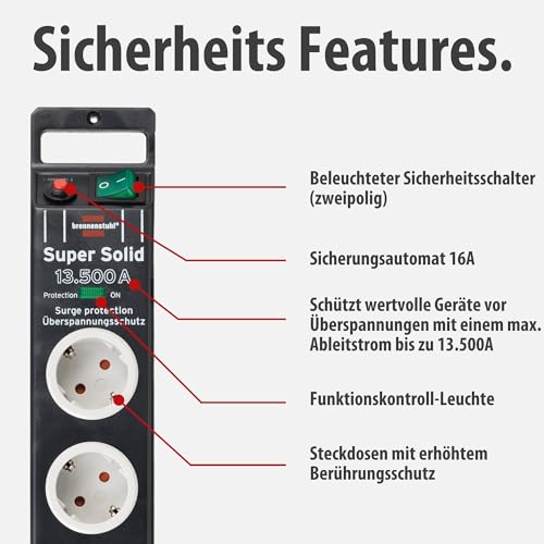 Brennenstuhl Super-Solid Steckdosenleiste 5-Fach mit Überspannungsschutz (Mehrfachsteckdose mit 2,5m Kabel und Schalter - aus bruchfestem Polycarbonat) schwarz/grau – Bild 4