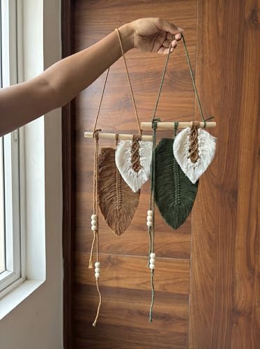 Image of JH Gallery Handmade Macrame Leaf Wall Hanging for Home Decor (Brown, Green, White) - Boho Cotton Leaf Tapestry, Macrame Wall Decor for Bedroom, Living Room & Balcony Decor.(Pack of 2)