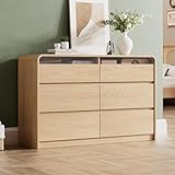 Ieejdn 47.2' Dresser with 6 Drawer, Wide Dresser with Recessed Glass Display & Silent Metal Rails, Handleless Chest of Drawers for Clothes, and Bedding, Oak