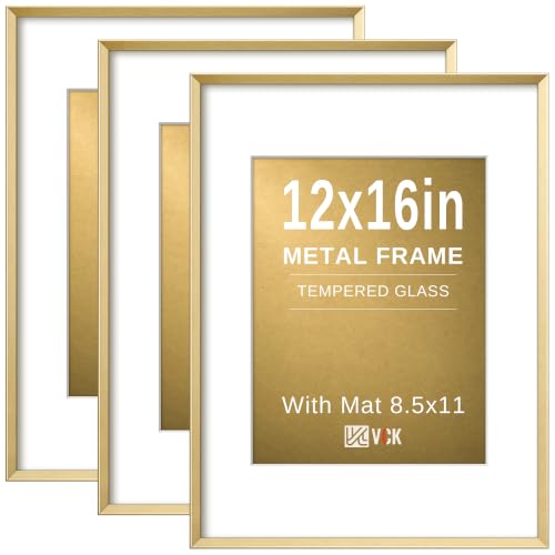 Image of VCK 12x16 Aluminum Picture Frame 3 Pack, Gold Metal Frame with Clear Glass, Fits 8.5x11 with Mat and 12x16 Without Mat Wall Hanging Display