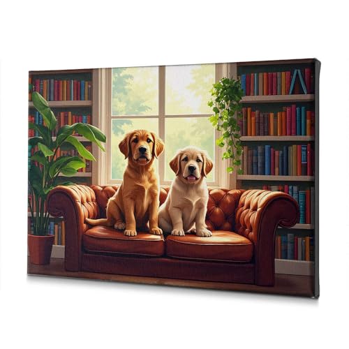 Assiettes décoratives sur toile salon tableau chiots canapé 20x30