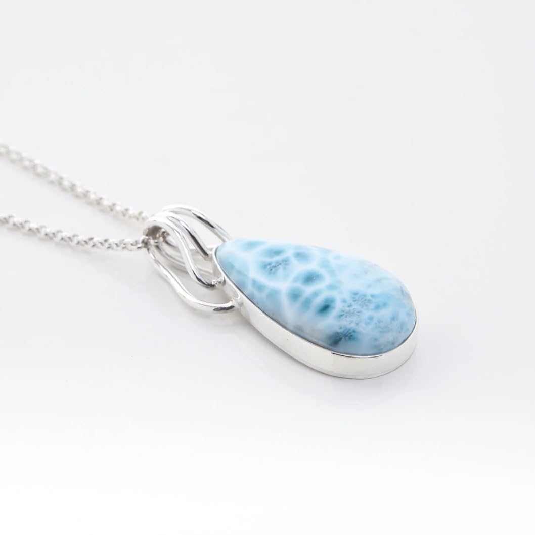 Collier artisanal avec pendentif en larimar naturel en forme de larme, chaîne en argent sterling 925, pierre précieuse bleue dominicaine, House of Aafreen